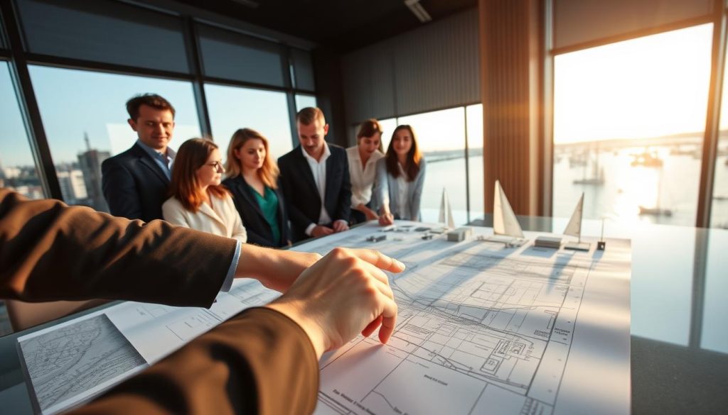 An expert team of local professionals collaborating on a project in Port Phillip, featuring diverse individuals in smart business attire consulting over a detailed blueprint on a large table. In the foreground, a close-up of hands pointing at key areas of the blueprint, symbolizing collaboration and expertise. The middle ground showcases the team deep in discussion, surrounded by architectural models and maps of the Port Phillip area. In the background, a large window reveals a view of the iconic Port Phillip bay, with sailboats and the calm sea under the golden light of a late afternoon sun, creating a warm, inviting atmosphere. The scene conveys professionalism, teamwork, and a sense of community engagement, captured with soft, natural lighting to enhance the inviting mood.