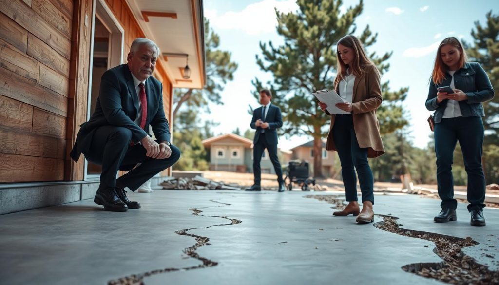 An outdoor site inspection scene depicting a team of three professionals examining uneven floors of a residential building. In the foreground, a middle-aged man in a business suit crouches to inspect the flooring, while a young woman in professional attire holds a clipboard, taking notes. The middle ground shows the home structure with visible signs of foundation movement, such as cracks and uneven surfaces. In the background, trees and a blue sky create a serene atmosphere, highlighting the contrast with the structural issues at hand. Soft daylight casts gentle shadows, enhancing the textures of the building materials. The mood is focused and serious, reflecting the importance of the inspection process.