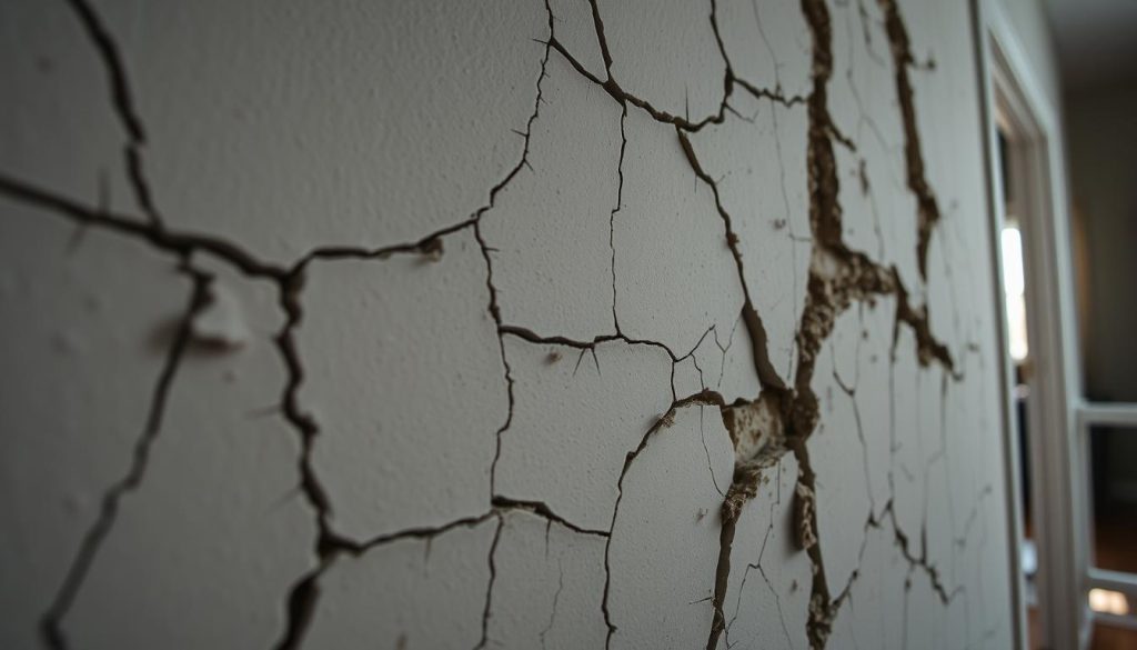 Close-up of a cracked wall showing various fissures and separations, indicating significant foundation movement. In the foreground, focus on the intricate details of the cracks, emphasizing their irregular shapes and jagged edges. The middle layer features a textured wall surface with peeling paint and dust accumulation, suggesting long-term neglect. In the background, slightly blurred, are hints of a home interior, revealing a subtle sense of disarray. Soft, natural lighting illuminates the scene from a nearby window, casting gentle shadows that enhance the cracks' depth. The overall mood is one of concern and urgency, highlighting the need for attention to structural integrity. Capture this scene with a macro lens to elevate the intricacies of the wall surface.