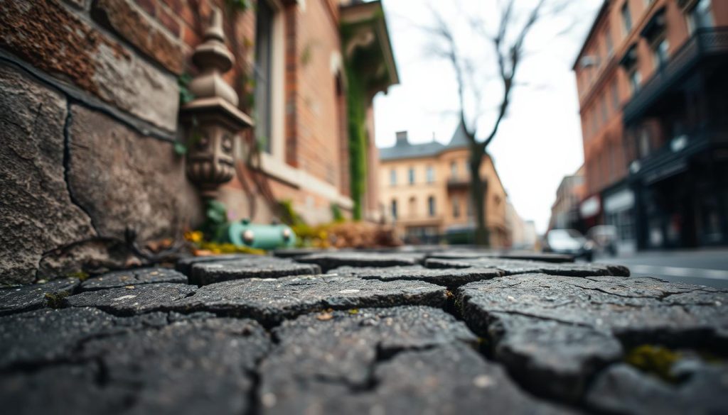 Close-up of weathered cracks in the foundation of a heritage property, revealing intricate detail in the texture of aged stone and brick. In the foreground, sharp focus on the fissures, exposing layers of mortar and age-old materials. The middle ground showcases remnants of ornamental heritage architecture partially obscured by creeping ivy and moss, hinting at the building's historical significance. The background features a soft bokeh effect of a Melbourne streetscape, with blurred outlines of Victorian-era buildings under a slightly overcast sky. Soft, diffused natural light enhances the mood, creating a contemplative atmosphere that resonates with the theme of preservation and decay. The image should be devoid of any text or branding elements.