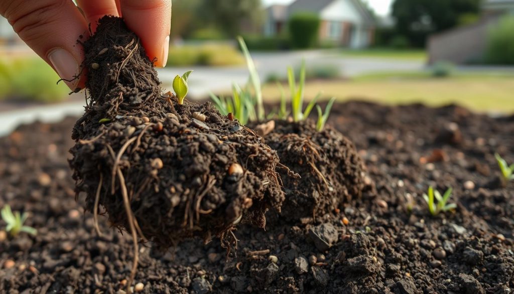 Envision a close-up view of rich, dark soil layered in various textures, showcasing its organic materials like small roots, pebbles, and minerals. The foreground features a handful of soil held above ground level, highlighting its moisture content and the complexity of its structure. In the middle ground, the surface of the soil is slightly disturbed, suggesting recent excavation or analysis, with small garden plants and grasses emerging around it. The background is softly blurred, depicting a suburban Melbourne landscape with muted colors, emphasizing the environment where foundations may be affected. Soft, natural lighting filters through, casting gentle shadows and creating a calm, informative mood, inviting the viewer to contemplate the significance of soil in foundation stability.