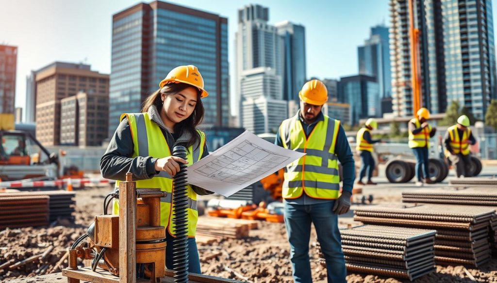 In a bustling urban setting of Melbourne, a team of skilled screw piling specialists is engaged in a foundation reinforcement project. In the foreground, two professionals in safety helmets and vests are collaborating over a screw piling machine, carefully aligning the tools. One specialist, a woman of Asian descent, examines blueprints while pointing at the machine, exuding confidence. The middle ground features additional workers operating machinery, with piles of drill screws stacked neatly nearby. The background showcases Melbourne’s iconic skyline, with modern buildings and a clear blue sky, adding depth to the scene. The lighting is bright and natural, capturing the vitality of a workday, while the composition is slightly angled to convey an active work environment. The atmosphere is one of focus and professionalism, highlighting the importance of foundation protection in construction.
