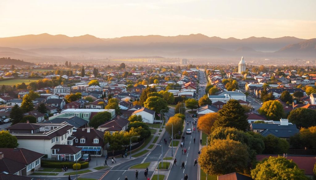 Vibrant aerial view of Greater Dandenong, showcasing a detailed city landscape with diverse residential neighborhoods, commercial zones, and green parks. In the foreground, include well-maintained streets bustling with people in professional attire, engaged in everyday activities. The middle ground highlights the cultural diversity with an array of colorful buildings, enhancing the vibrancy of the area. The background features the striking silhouette of the Dandenong Ranges, partially shrouded in a soft mist under the warm golden light of late afternoon, creating an inviting atmosphere. Use a wide-angle lens perspective to capture the expanse of the area, ensuring the lighting accentuates the warmth and accessibility of the community while conveying a sense of connectedness and availability.
